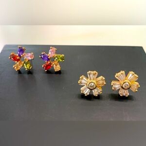Flower Earrings Stud set of 2 pairs  Multicolor and clear with Gold accents